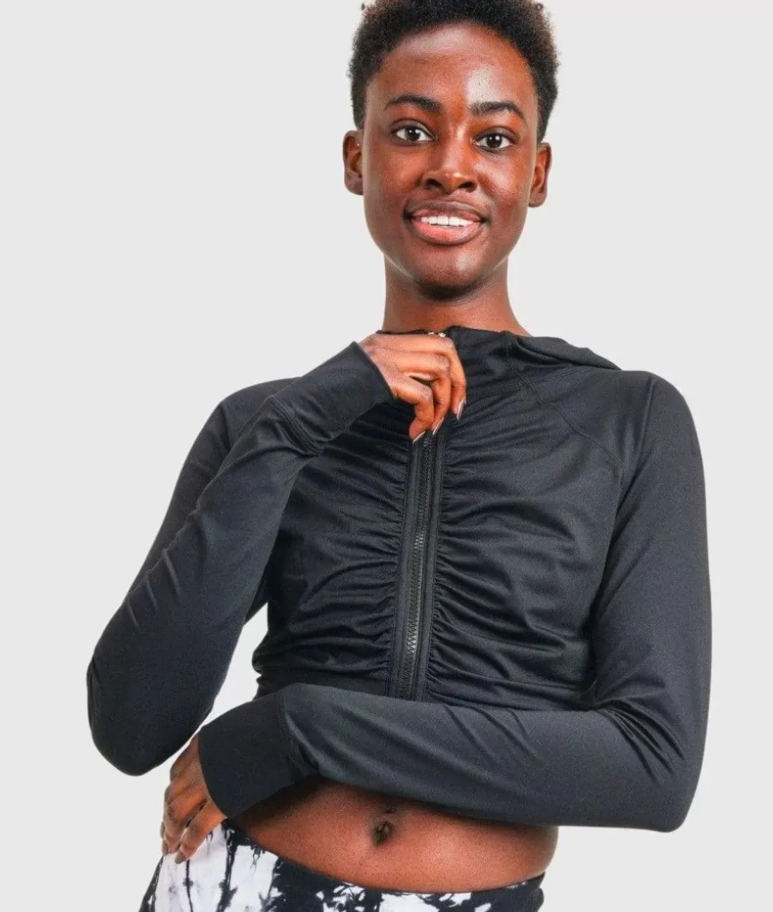 Women Nayked Apparel Outerwear>Ruched Front Cropped Hoodie Jacket/Discontinued
